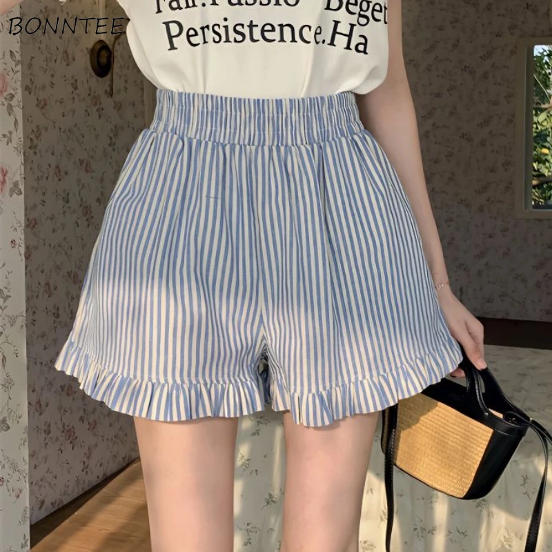 

Women's Shorts Summer Striped Loose Kawaii Schoolgirls Retro Folds High Waist Korean Preppy Style Шорты Женские Leisure Daily