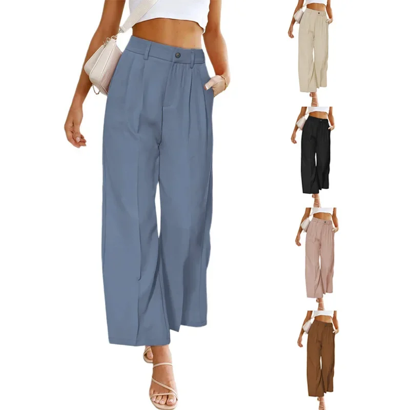 Spring Summer Plus Size S-3XL Women's Stretch Belt Wide-Leg Pants Women's Solid Color Wide Full-Length Casual Suits Pants