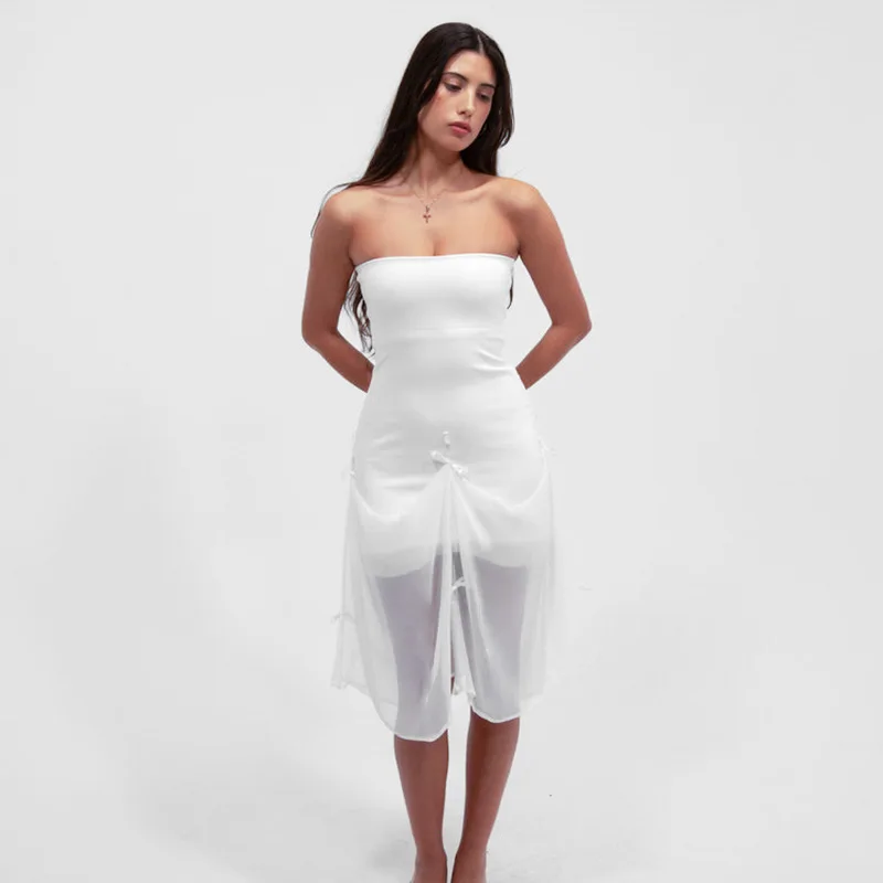 Tee Bow Mesh Patchwork Long Dress Women's Bandage See-Through Beach Holiday Party Dress Elegant Slim Maxi Dress Summer New