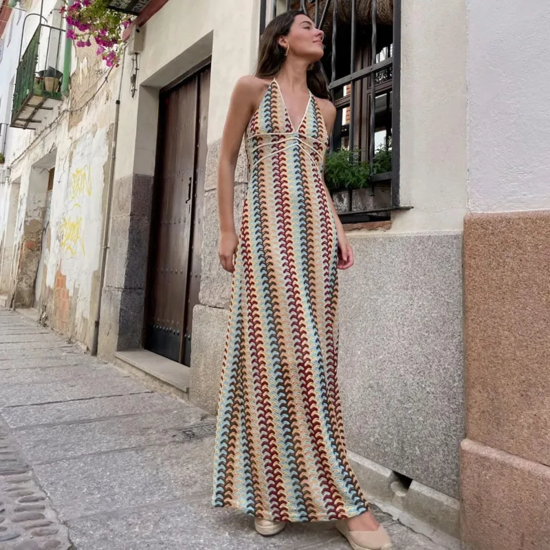 

Sexy Backless Dresses Lace Knitted Slim Halter V-Neck Off Shoulder Patchwork Color Long Skirts Streetwear Style High Waist Dress