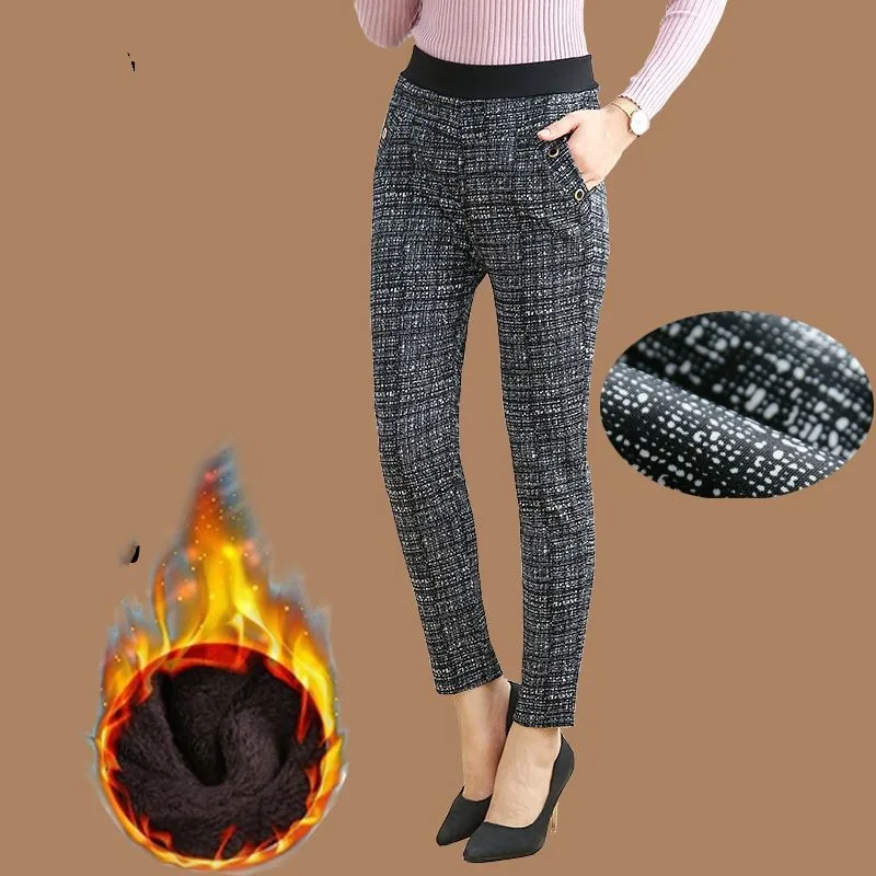 Women's Autumn and Winter Fashion Elegant Plaid Stripe Pocket Casual Plush Thickened Elastic High Waist Long Straight Leg Pants