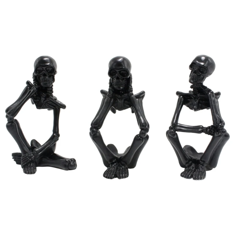

Intricate Black Pondering Skull Sculpture Enhances Halloween Theme 3PCS Set