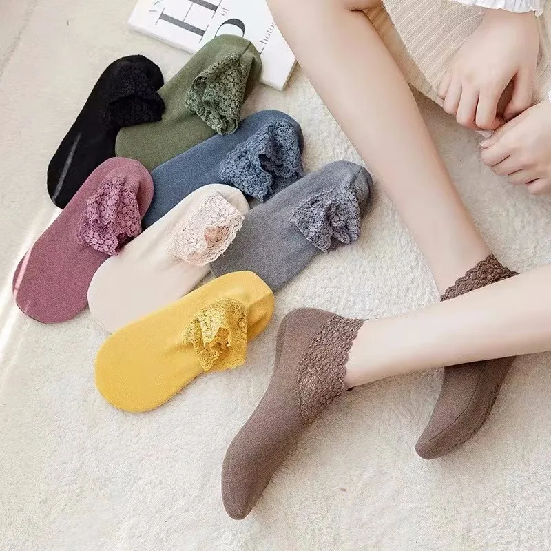 

Women Low Lace Tube Thermal Socks Pregnant Woman Thick Plus Velvet Warm Home Floor Socks Spring Autumn Anti-slip Sock Slippers