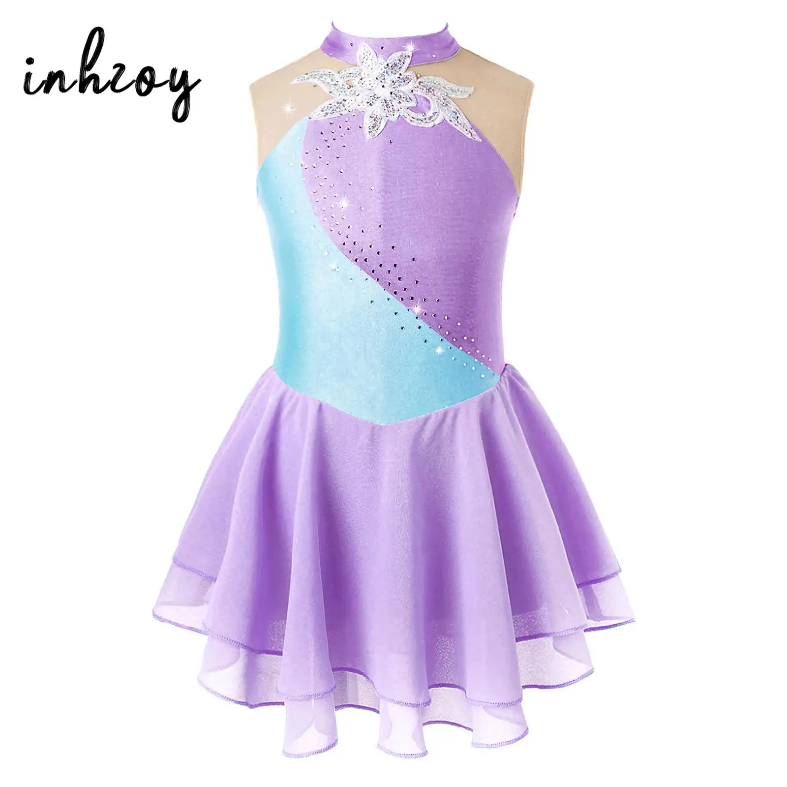 Figure Ice Skating Dress for Girls Ballet Gymnastics Leotard Floral Rhinestone Mesh Splice Skater Dance Competition Costume ballet leotard dance leotard ballet dress girls dance costumes