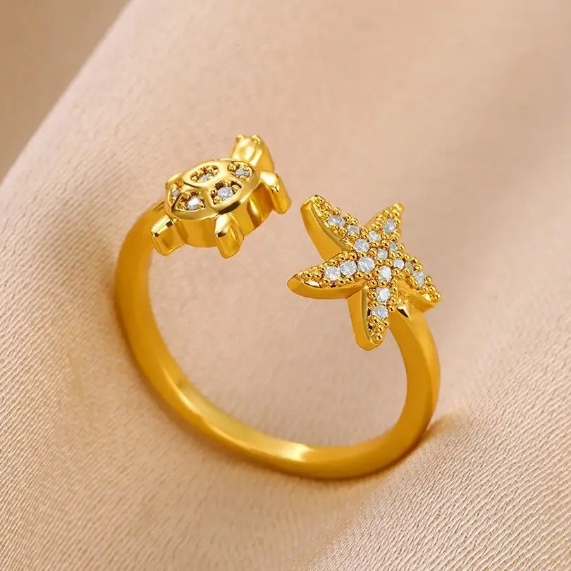 Zircon Turtle Starfish Rings Gold Color Adjustable Opening