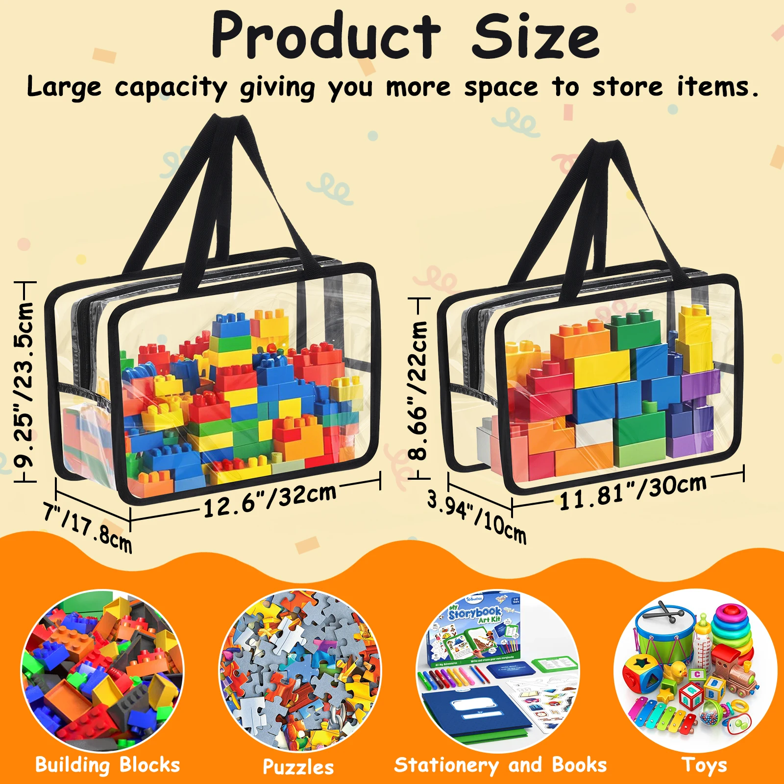 Black Transparent Plastic Toy Storage Bags 4 Pack Large Extra Large
