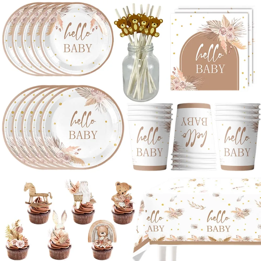 Hello Baby Gender Reveal Party Supplies Disposable Tableware Paper Plates Napkins Cups Cake Topper Baby Shower Party Decors