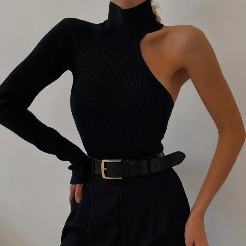 

Europeam-American Style 2023 Winter New Women's Fashion One-shoulder Long-sleeved Crew Neck Slim Solid Color Jumpsuit Female