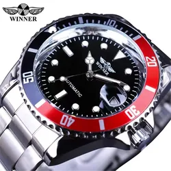 Men's Automatic Mechanical Wristwatch with Luminous Hands and Date Feature - Elegant Stainless Steel and Leather Design (Steel black red)
