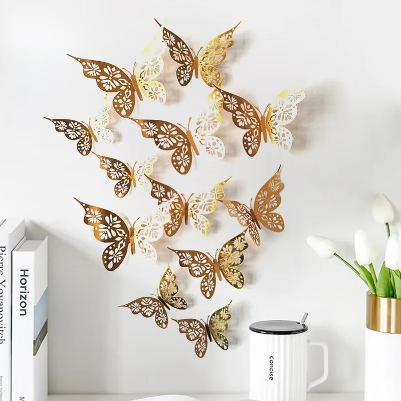 New 12Pcs Fashion 3D Hollow Butterfly Creative Wall Sticker For DIY Wall Stickers Modern Art Wedding Home Decorations Gift