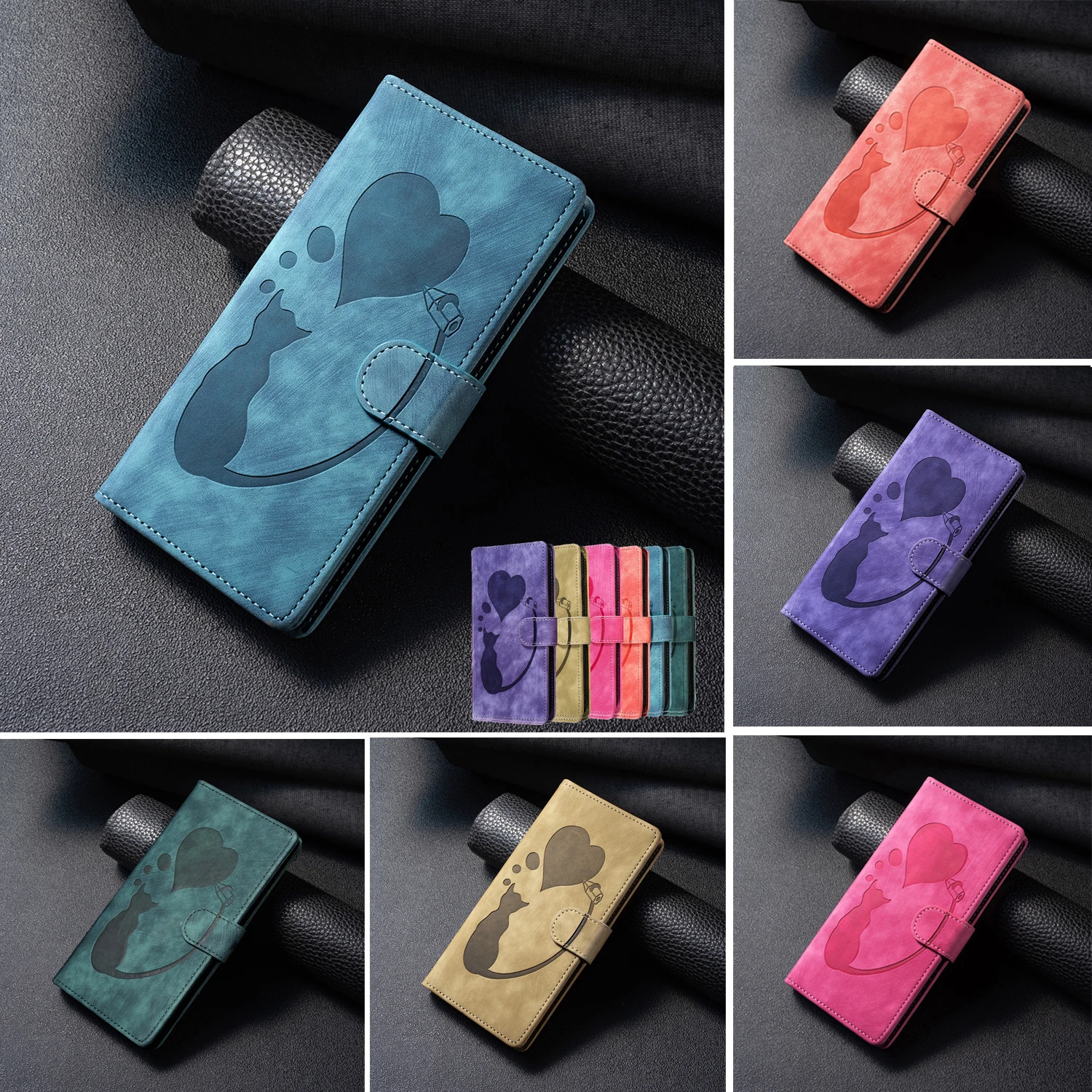 Flip Leather Cards Solt Wallet Book Case Per Samsung Galaxy S24 Ultra S23 Fe S22 Plus S21 A15 A25 A55 A35 A05S A54 Emboss Cat