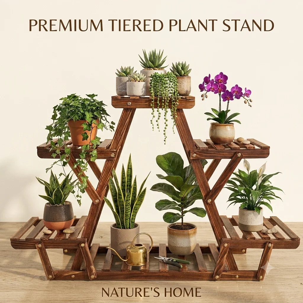 Carbonized Wood Plant Stand Indoor Outdoor 6-Tiered Triangle Corner Rack for Home Garden Decoration