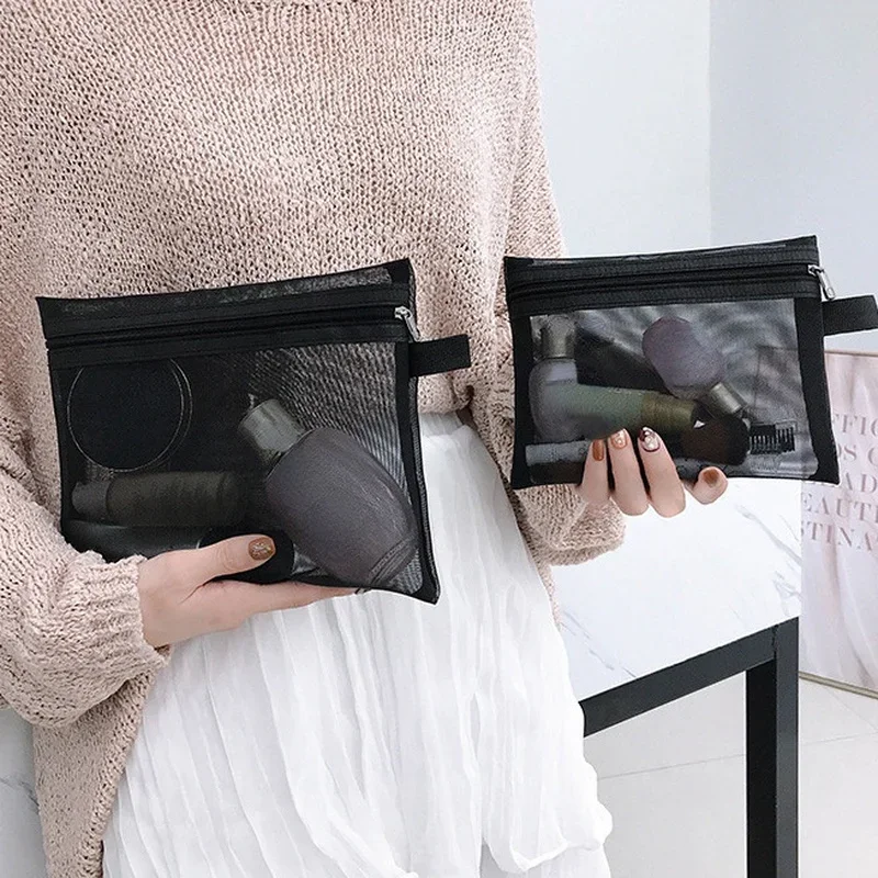 여성용 메쉬 화장품 가방, 여행 보관 메이크업 가방, 정리함 여성 메이크업 파우치, 휴대용 소형 대형 세면 용품 뷰티 케이스