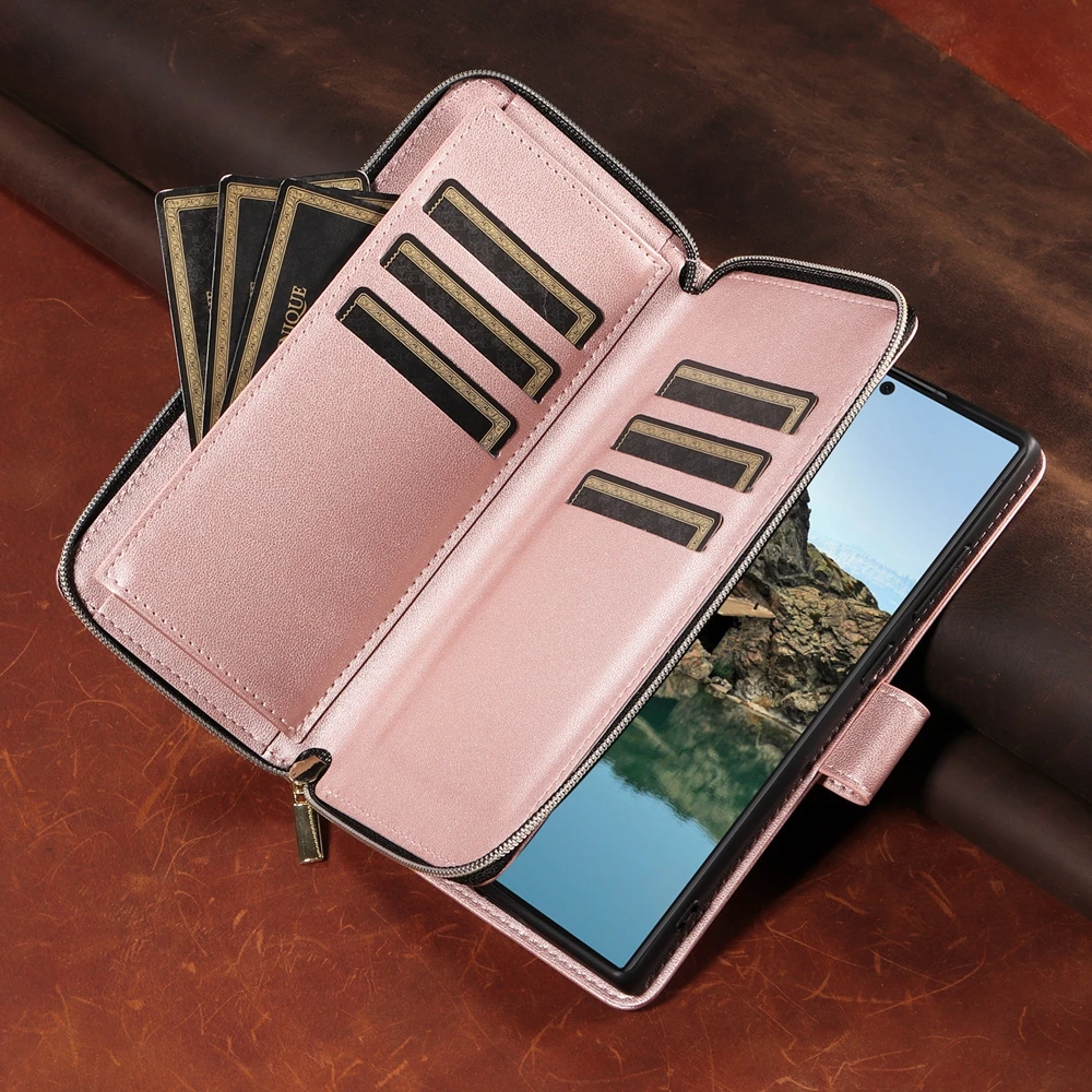 Zipper Wallet Leather Flip Case with Kickstand and Lanyard Phone Cover