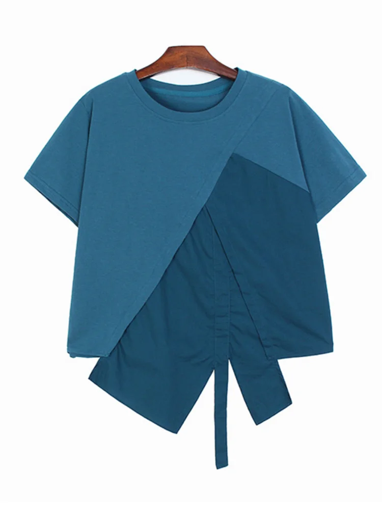 

Women Black Ribbon Irregular Big Size Casual T-shirt New Round Neck Short Sleeve Fashion Tide Spring Summer M976