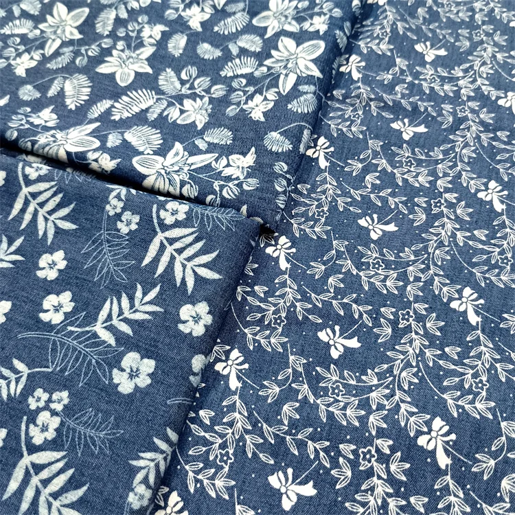 Summer Thin Printed Denim Fabric Blue Small Floral Children's Clothing Apparel Designer Fabric
