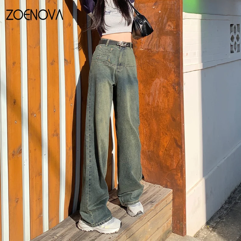 ZOENOVA 아메리칸 레트로 스트리트 2024 용수철 와이드 레그 팬츠, Y2K 향수 90 년대 하이 웨이스트 탄성 스트레이트, 다목적 여성 청바지, 신제품