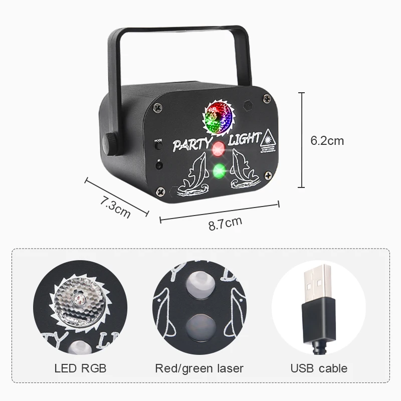 USB Rechargeable Laser Party Light Mini 60 Patterns Projector Remoter Sound Activated Disco Christmas Holiday Decoration