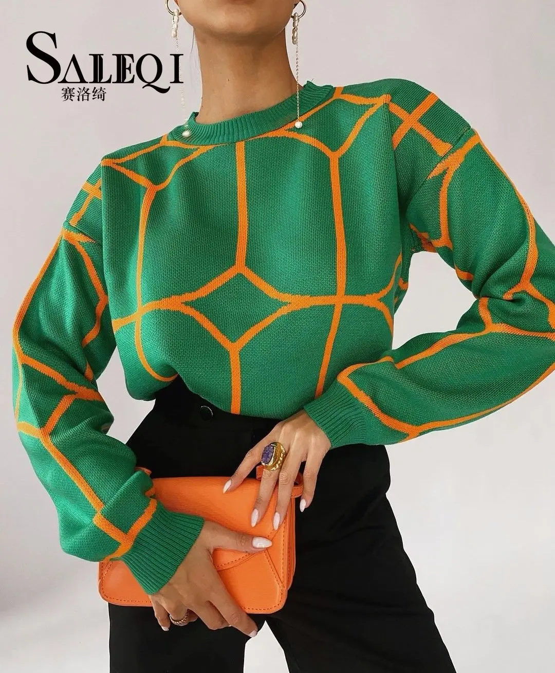

Women Sweater Elegant Pullover Green Striped Knitted Women's Clothing Winter 2023 Long Sleeve Top Jumpers Female Print Sweaters