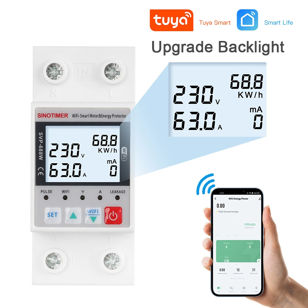 (With WIFI )SVP688 63A TUYA Smart Circuit Earth Leakage Over Under Voltage Protector Relay Switch Breaker Energy Power kWh Meter