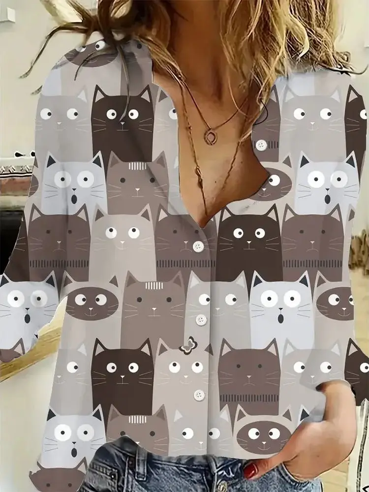 

2024 Fashion Women's Shirts & Blouses Cute Cat Print Button Casual Long Sleeve Shirt Fit Summer Female Clothing Blouses 5XL