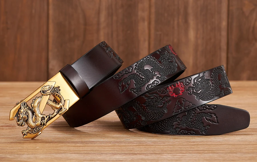 Male Genuine Leather Belts Casual Ratchet Belt with Automatic Buckle Luxury Design Dragon Pattern Belts for Business Men Strap