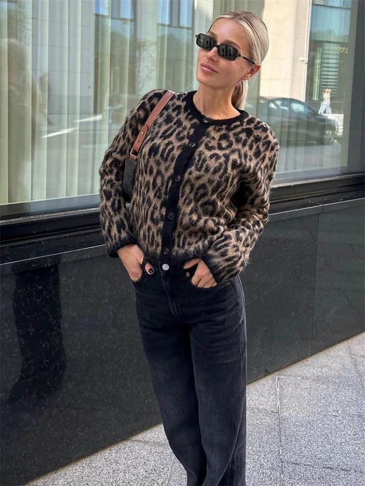 Suéter tipo cárdigan de leopardo para mujer, con estampado de moda en contraste, holgado, de manga larga, para ir al trabajo, cárdigan de otoño para mujer