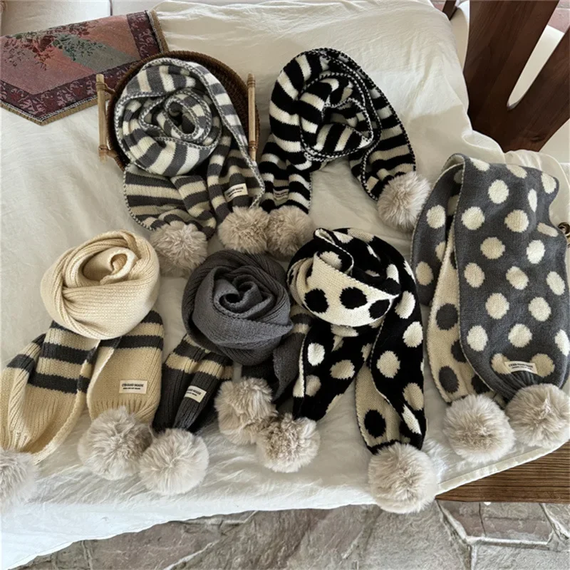 Korea Ins Kids Winter Baby Girls Scarf Cute Wave Point Stripe Hairball Scarves Kawaii Soft Warm Knitted Scarfs Accesoire 3-15y