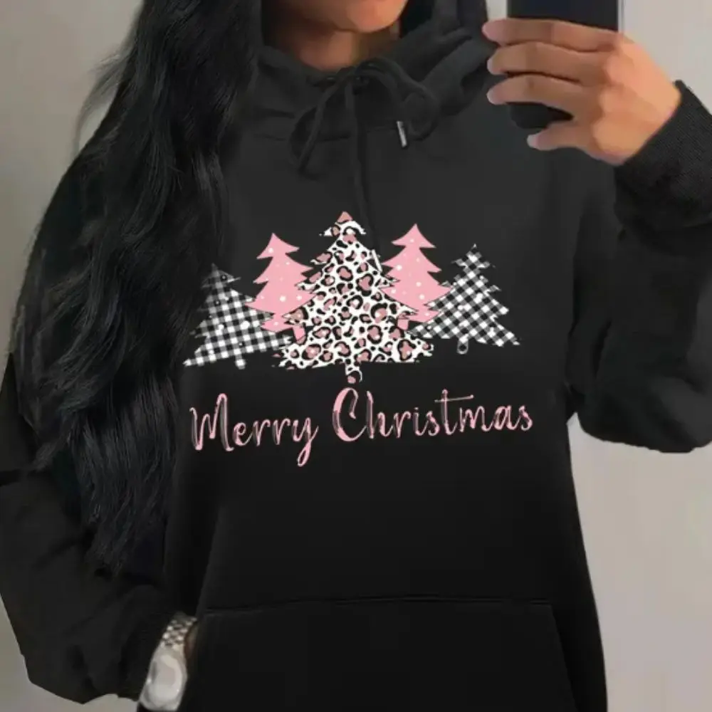 Plus Size Christmas Hoodies Casual Women's Plus Tree & Slogan Print Sweatshirt Long Sleeve Drawstring Hoodies With Pockets