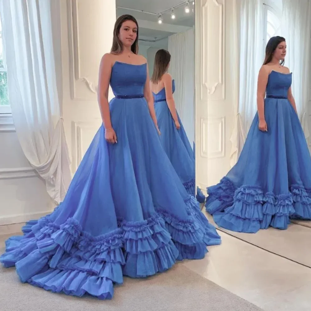 

Blue A Line Strapless Evening Dresses 2024 Peplum Ruched Hem Sweep Train Tiered Celebrity Gown Backless Long Vestidos De Fiesta