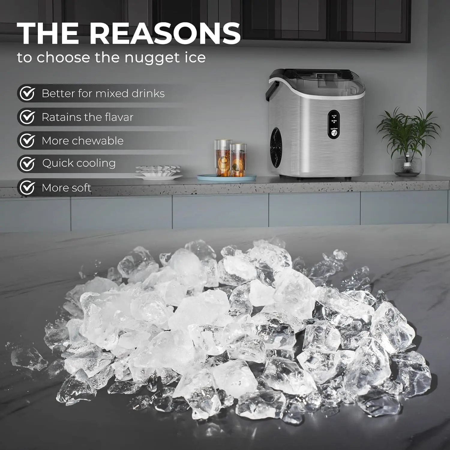 Ice Makers Countertop with Soft Chewable Pellet Ice, 7 Mins Ice Making, 35.5Lbs/24Hrs, Pebble Maker Machine with Self-Cleani