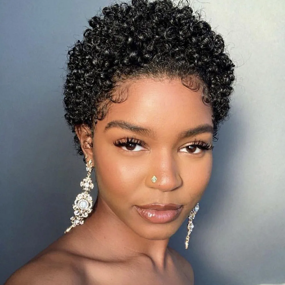 Short Pixie Cut Kinky Curly Wigs For Women Brazilian Remy Human Hair Wigs Full Machine Made Kinky Curly Wigs