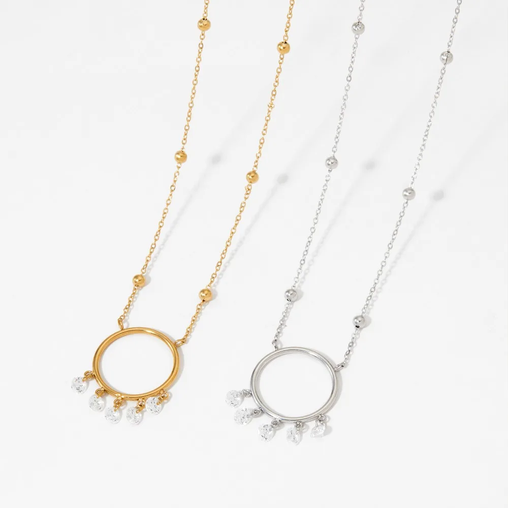 Minimalist Big Circle Shiny Zircon Pendant Neckalce One Piece Gold Plated Round Bead Chain Crystal Choker Waterproof Jewelry