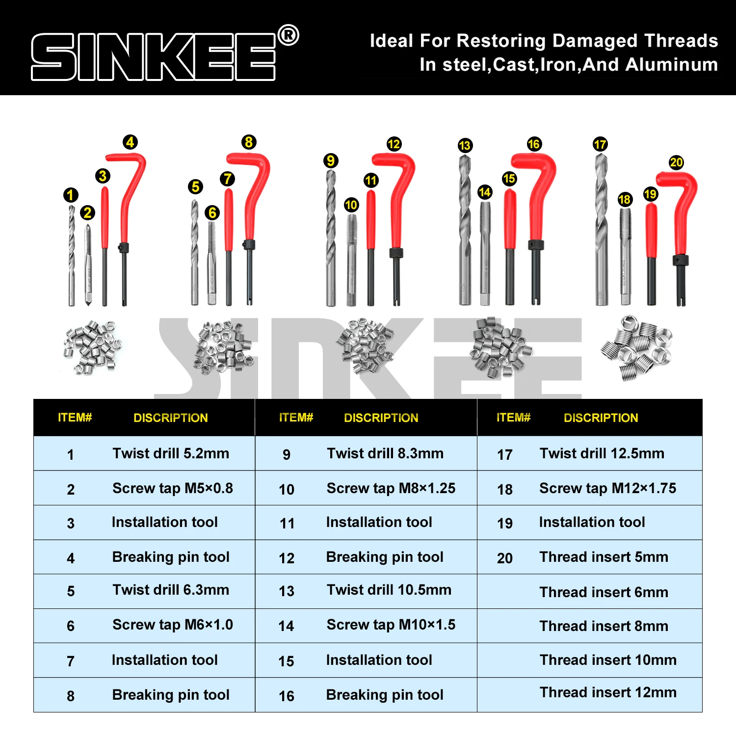 Thread Repair Tool Kit 131Pcs M5 M6 M8 M10 M12 Coil Drill Insert Installation Engine Block Restoring Damaged Set thread repair tool kit