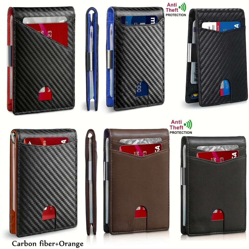 Slim Carbon Fiber RFID-Blocking Minimalist Wallet with Metal Money Clip