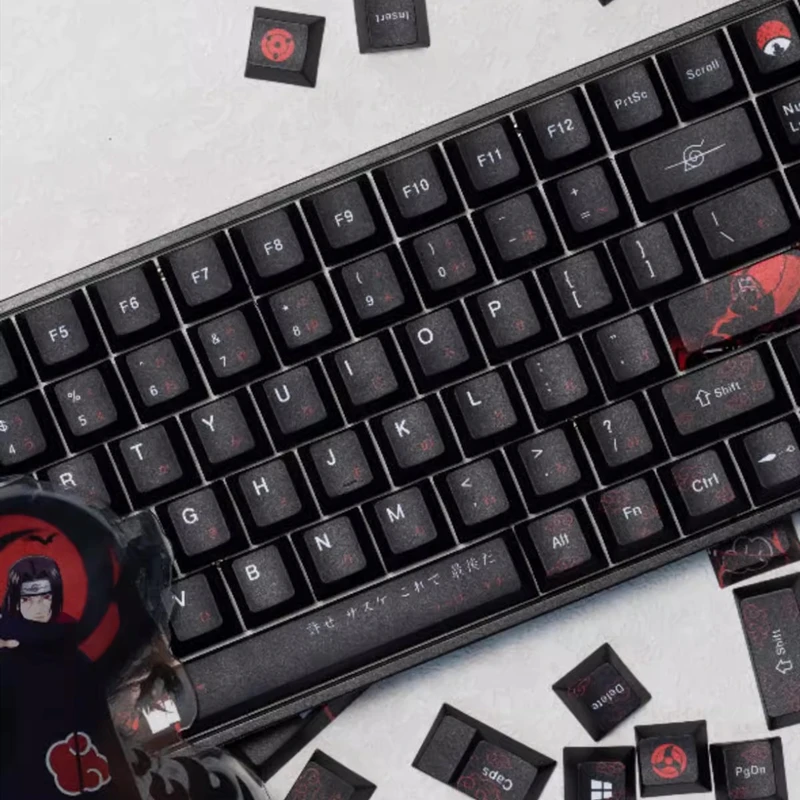 Japonês Anime Cartoon Keycaps Pbt Dye Sublimation Uchiha Itachi Key Caps Perfil de Cereja à Prova de Luz Preto Vermelho Conjunto - Imagem 3