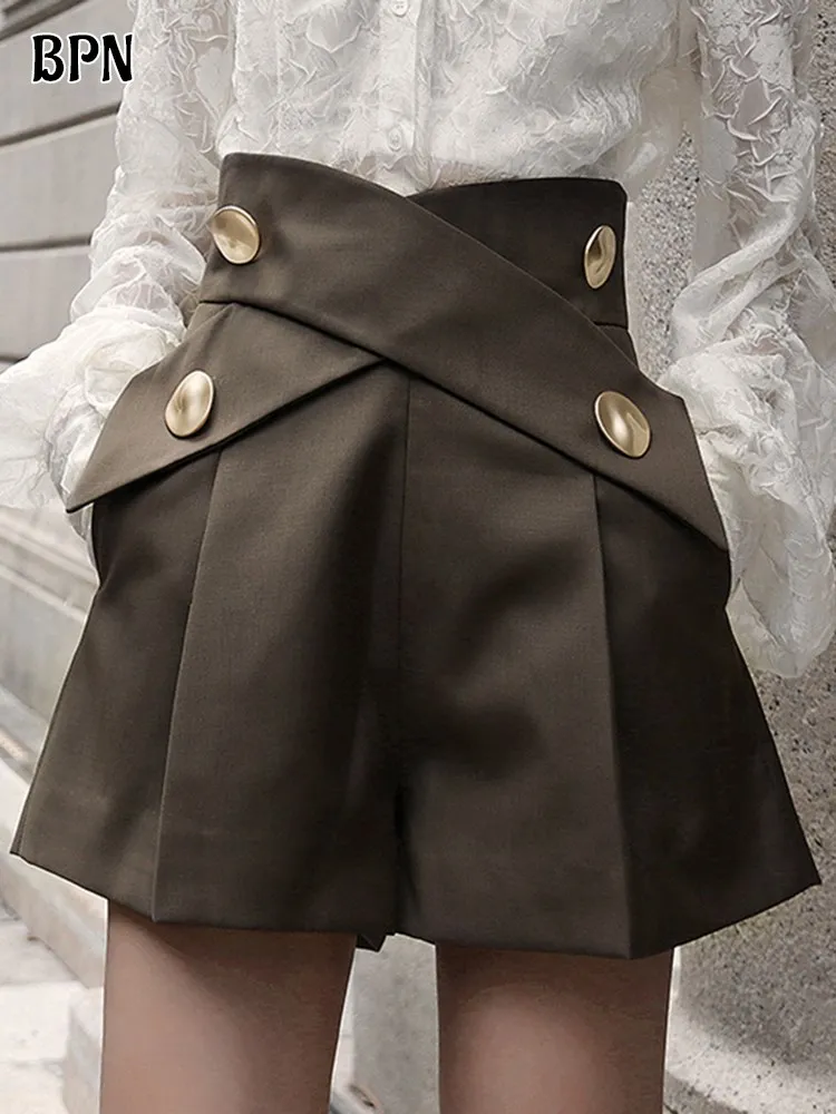 BPN Temperament Patchwork Metal Button Shorts For Women High Waist Solid Casual Loose Wide Leg Short Pants Female Fashion Style
