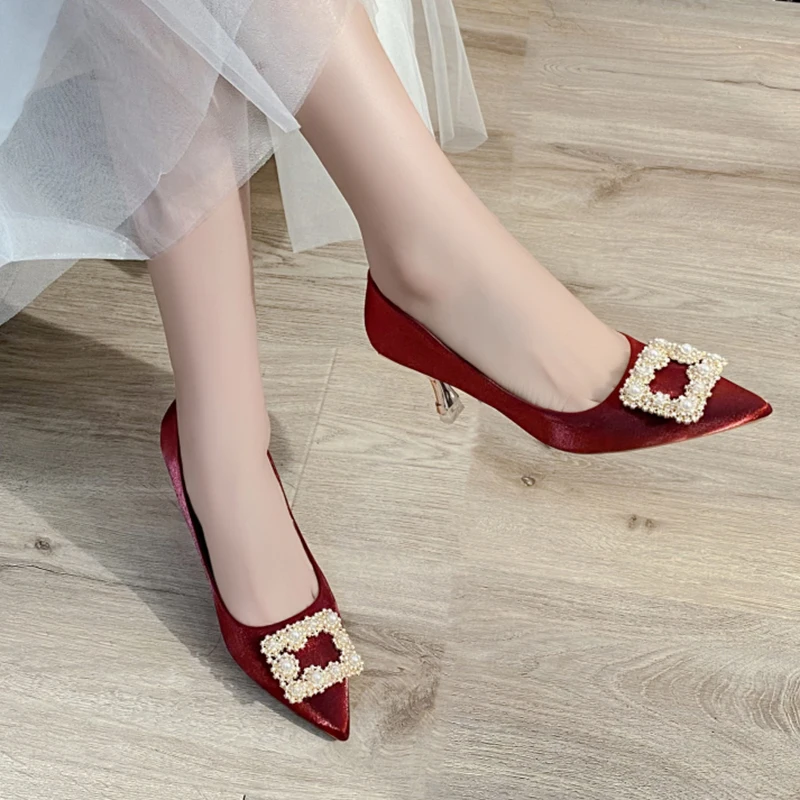 JMPRS Elegant Pearl Buckle Pumps Women Pointed Toe High Heels Bridal Shoes Woman Spring New Gold Heeled Slip on Sapatos De Mujer