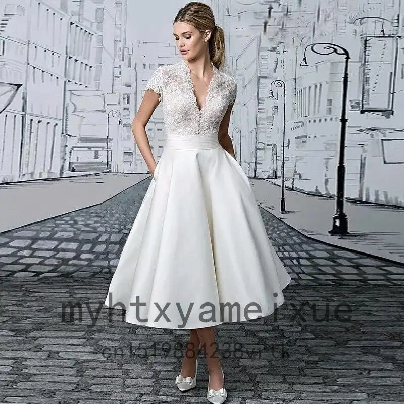 Sexy Short Wedding Dresses 2022 Cap Sleeve V-neck Lace Appliques Button Elegant Satin Bridal Gown Plus Size Robe De Mariee long sleeve bridal gowns