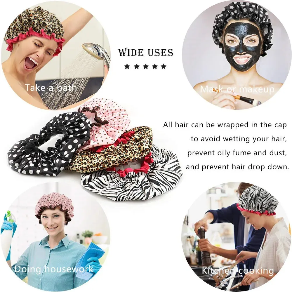 4 Pieces Shower Cap for Women, Elastic and Reusable,Environmental Protection Hair Bath Caps,Double Waterproof Layers Bathing Hat 4