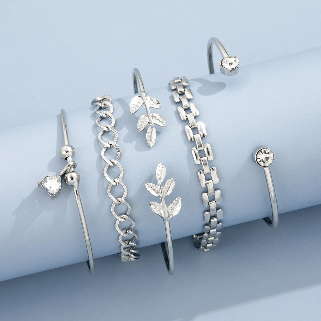 فضي اللون هندسية ربط سلسلة سوار مجموعة للنساء كريستال ليف المفتوحة الكفة الإسورة الإناث بوهو مجوهرات الإكسسوار