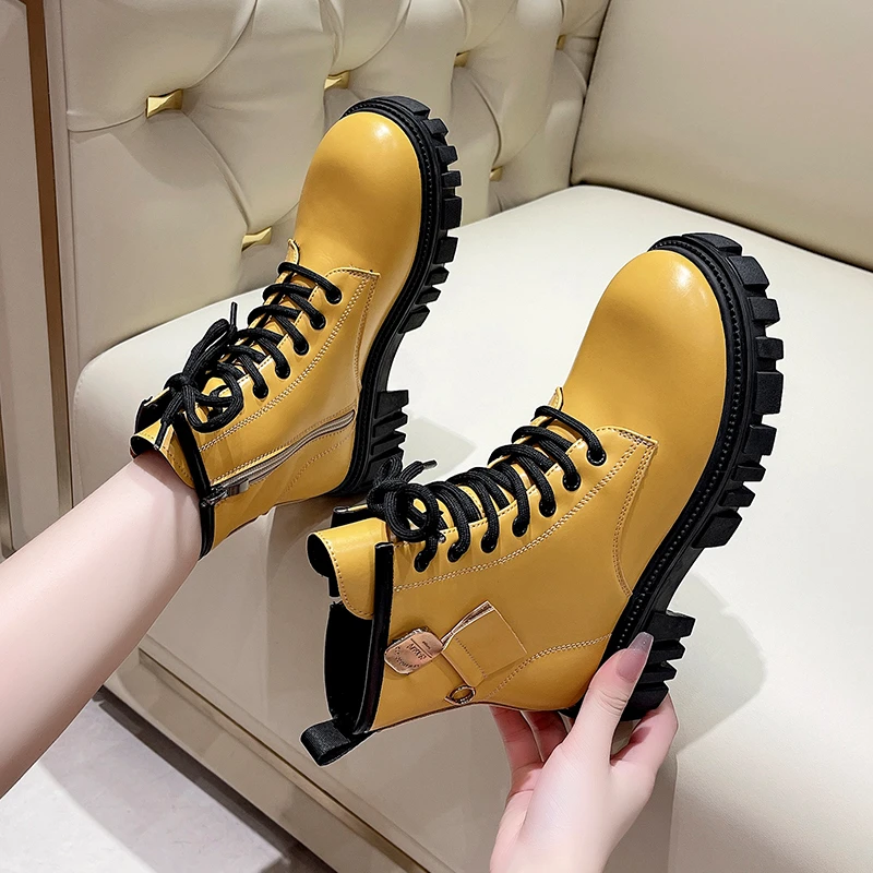 LazySeal Platform Ankle Boots Women Shoes Zipper Cross-tied Square 4.5cm Heel Round Toe Ankle Boots For Women Ladies Shoes