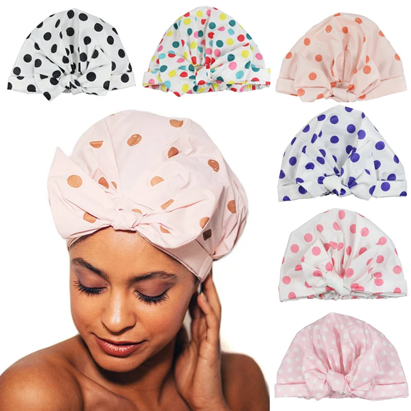 Waterproof Shower Cap Striped Bath Caps Adjustable Elastic Band For Women Long Thick Hair