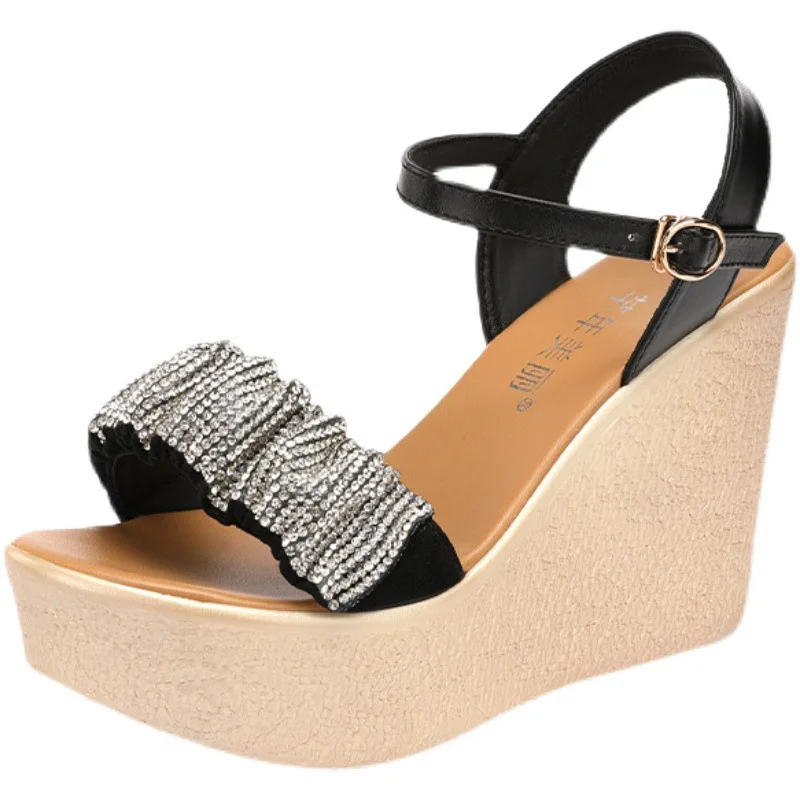 High quality summer wedge sandals for women 11cm high heel new 2024 size 32 33 42 43 platform open toe elegant shoe black
