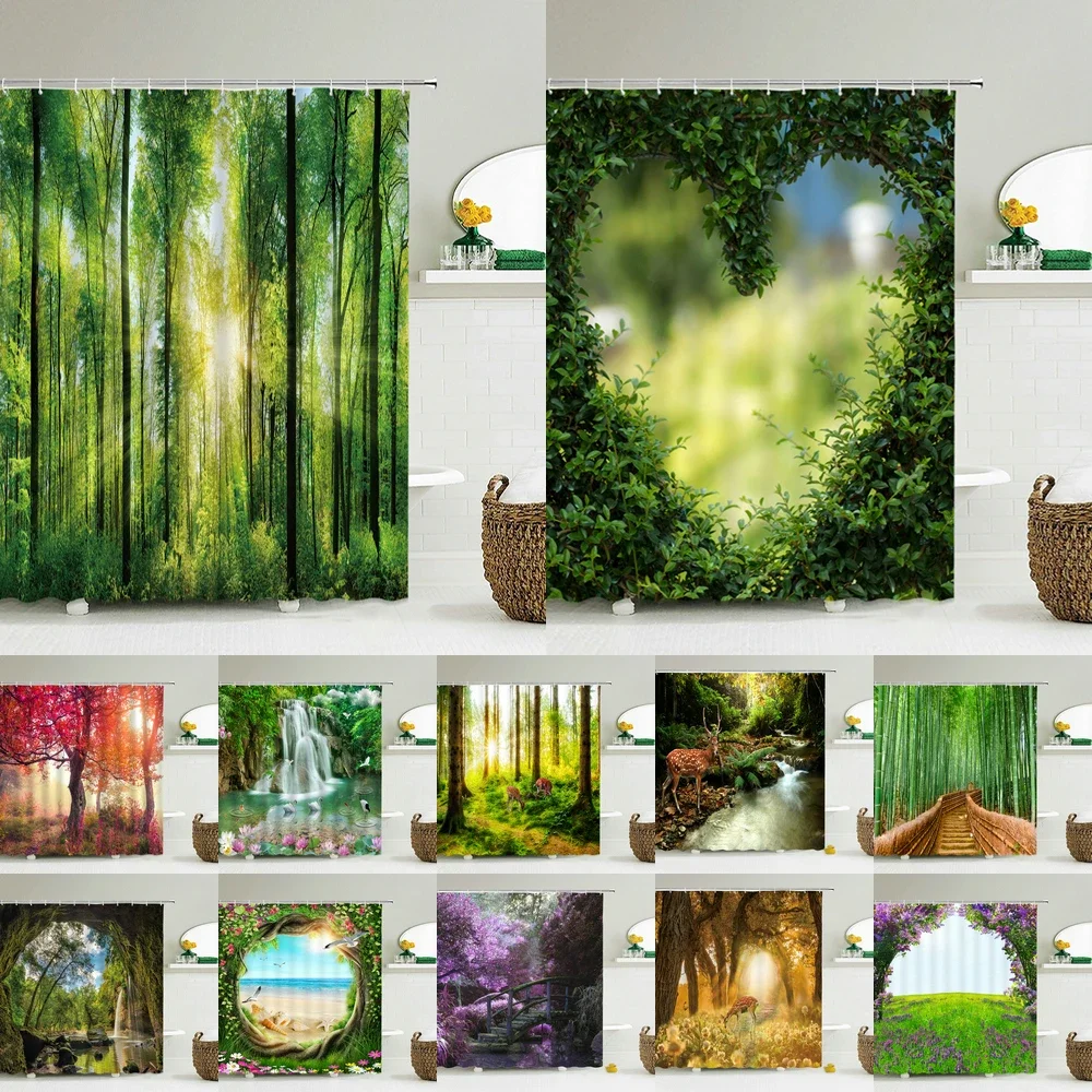 3D Shower Curtain Natural Forest Scenery Printed Bathroom Curtains Waterproof polyester With Hooks Home Decorate shower curtains