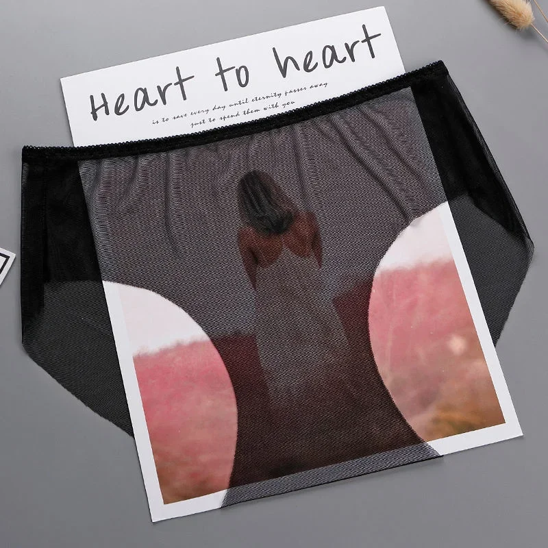 Women Underwear Solid Color Seamless Perspective Mesh Briefs Ultra-thin Plus Size M-3XL