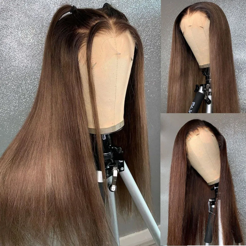 

Preplucked Soft 180%Density 26Inch Brown Silky Straight Long Natural Hairline Glueless Lace Front Wig For Black Women Babyhair