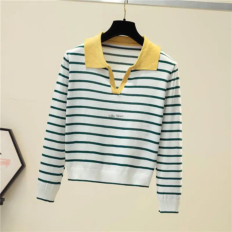 Striped V-neck Pullover Polo Sweater Women Spring Autumn All-match Tops Long-sleeved Knitted Bottoming Sweaters Jumpers cropped sweater