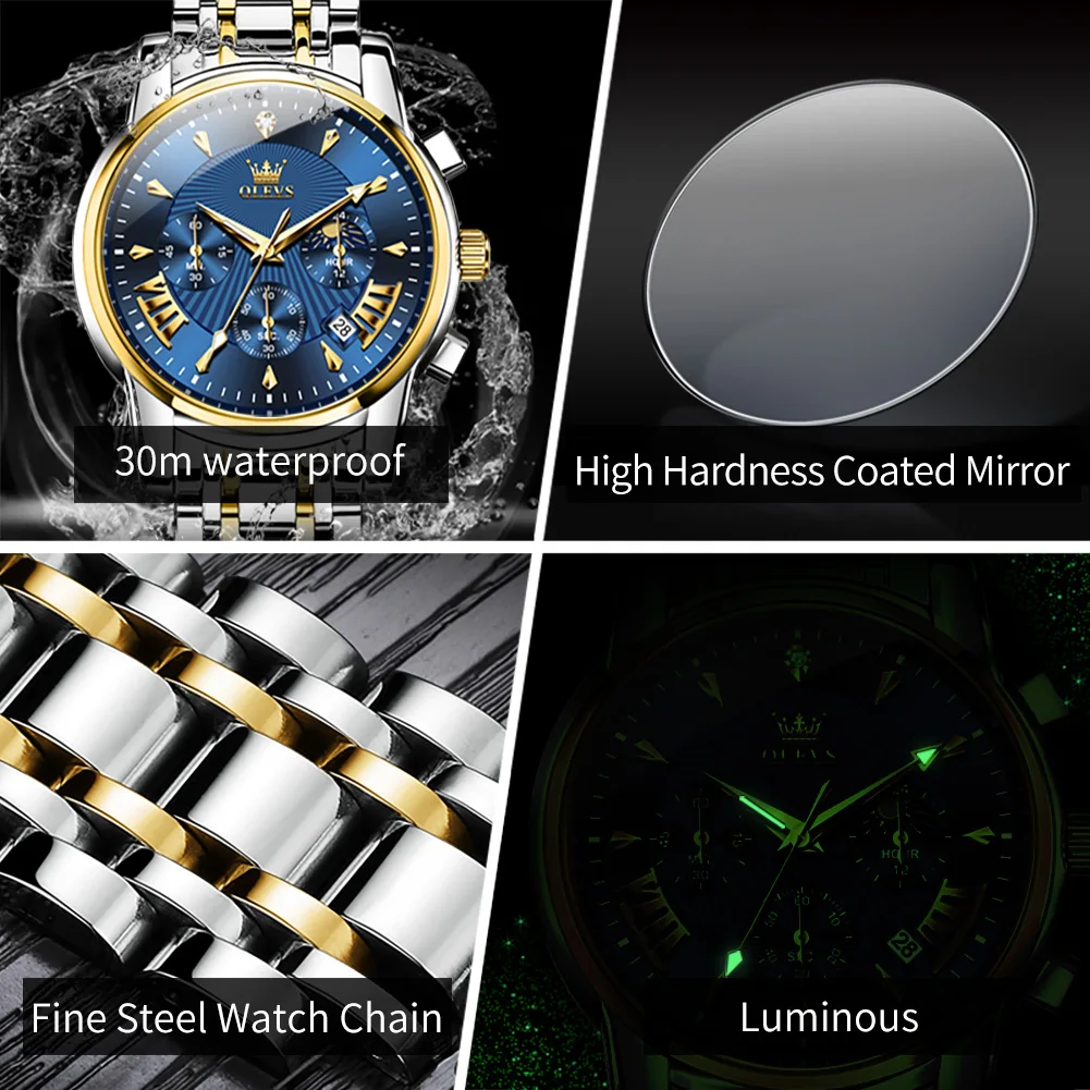 OLEVS Luxury Man Wristwatch Waterproof Luminous Date Week Men Watch Sport Stainless Steel Quartz Men's Watches Male reloj+box