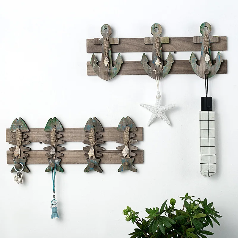 

Vintage Mediterranean Triple Hook Coat Rack with Distressed Fishbone Anchor Decorative Hooks
